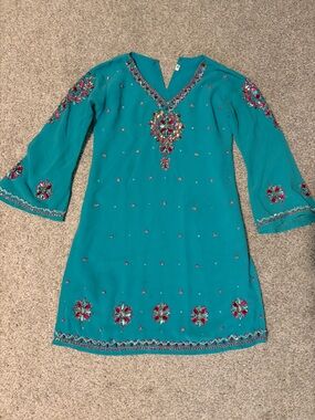Embellished Teal V-Neck Dress